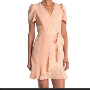 BETSEY JOHNSON SOFT PINK YELLOW FAUX WRAP RUFFLE MINI DRESS SIZE 8 NWT